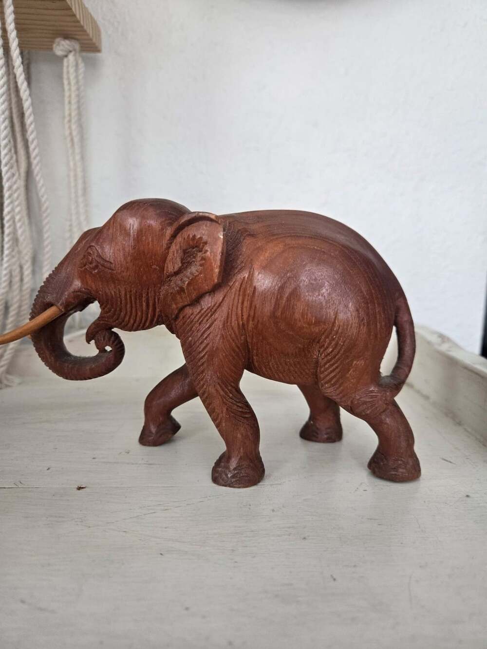 Vintage Hand Carved Wooden Elephant Figurine Detailed Wood Sculpture